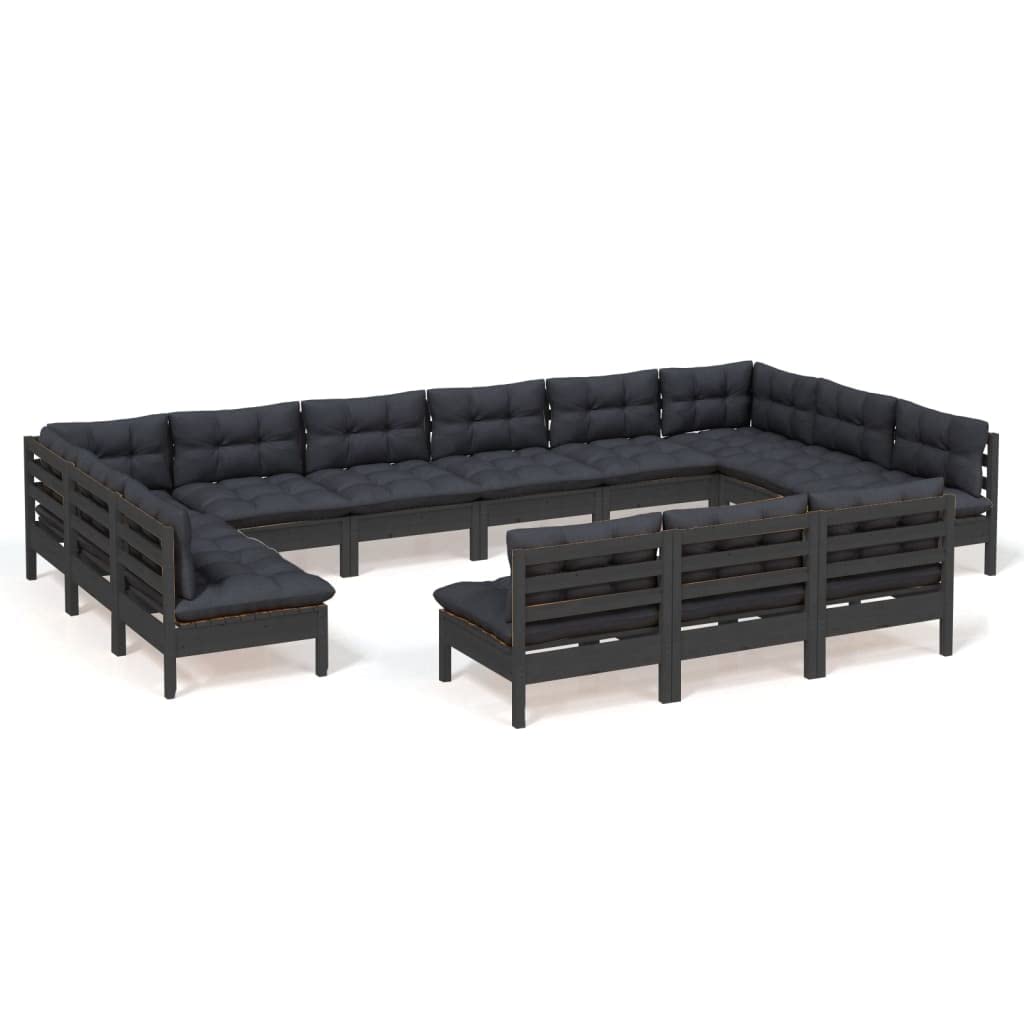vidaXL Solid Pinewood Patio Lounge Set 13 Piece with Cushions Garden Outdoor Lawn Yard Terrace Balcony Wooden Seat Seating Furniture Black