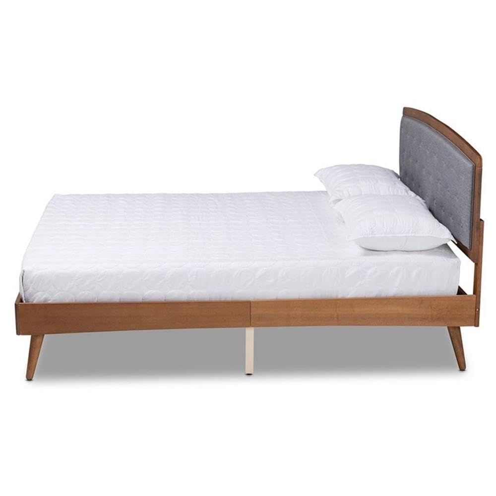 Baxton Studio Ratana Mid-Century Modern Transitional Grey Fabric Upholstered and Walnut Brown Finished Wood Full Size Platform Bed