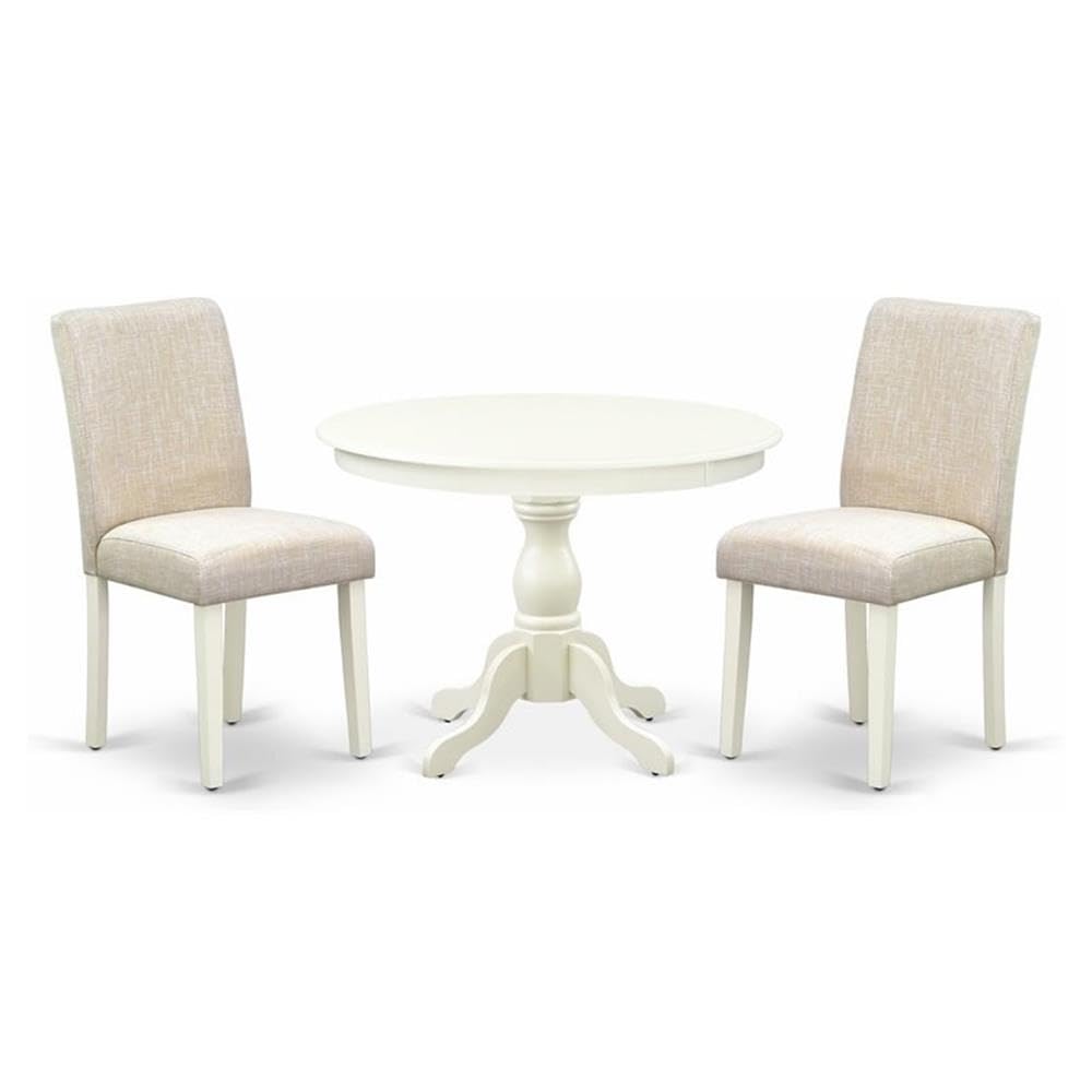 East West Furniture HBAB3-LWH-02 3 Piece Dining Set Contains a Round Dining Room Table with Pedestal and 2 Light Beige Linen Fab