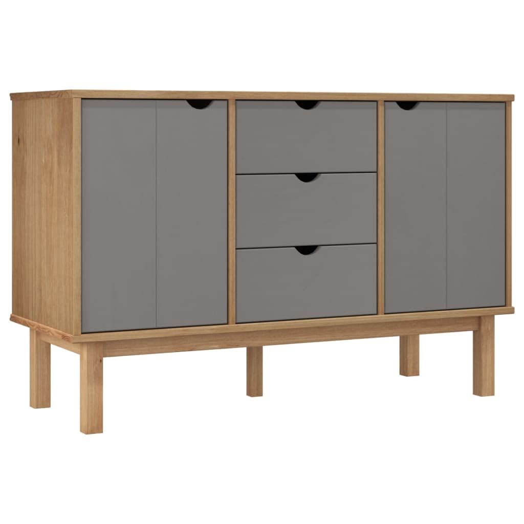 vidaXL OTTA Sideboard in Scandinavian Style with 3 Drawers and Compartments, Made from Solid Pine Wood, Brown and Gray
