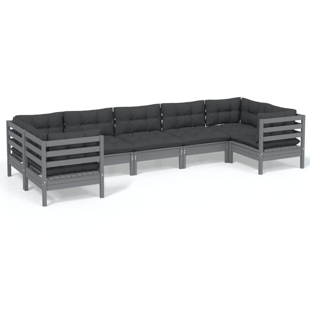 vidaXL Solid Pinewood Patio Lounge Set 7 Piece with Cushions Garden Outdoor Lawn Yard Terrace Balcony Wooden Seat Seating Furniture Gray