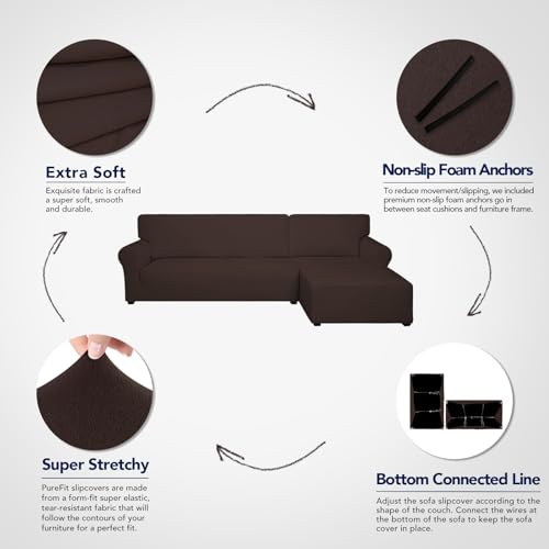 Purefit Super Stretch Sectional Couch Covers - 2 Pcs Spandex Non Slip Sofa Covers With Elastic Bottom For L Shape Sectional Sofa Couch, Great For Kids & Pets (3 Seat Sofa + 2 Seat Chaise, Chocolate)