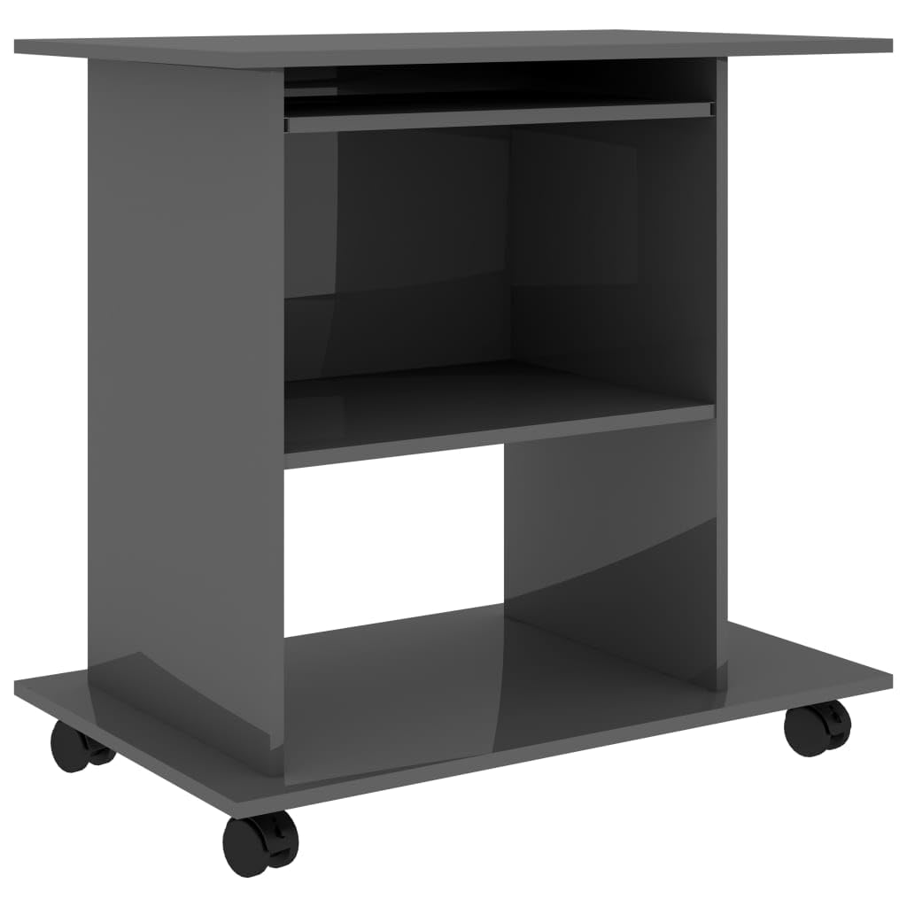 vidaXL Compact Computer Desk - Engineered Wood, Space-Saving High Gloss Gray, Designed for Laptop and Desktop with Sliding Keyboard Tray, CPU Shelf, 2 Extra Shelves, Easy Mobility with Pre-Install...