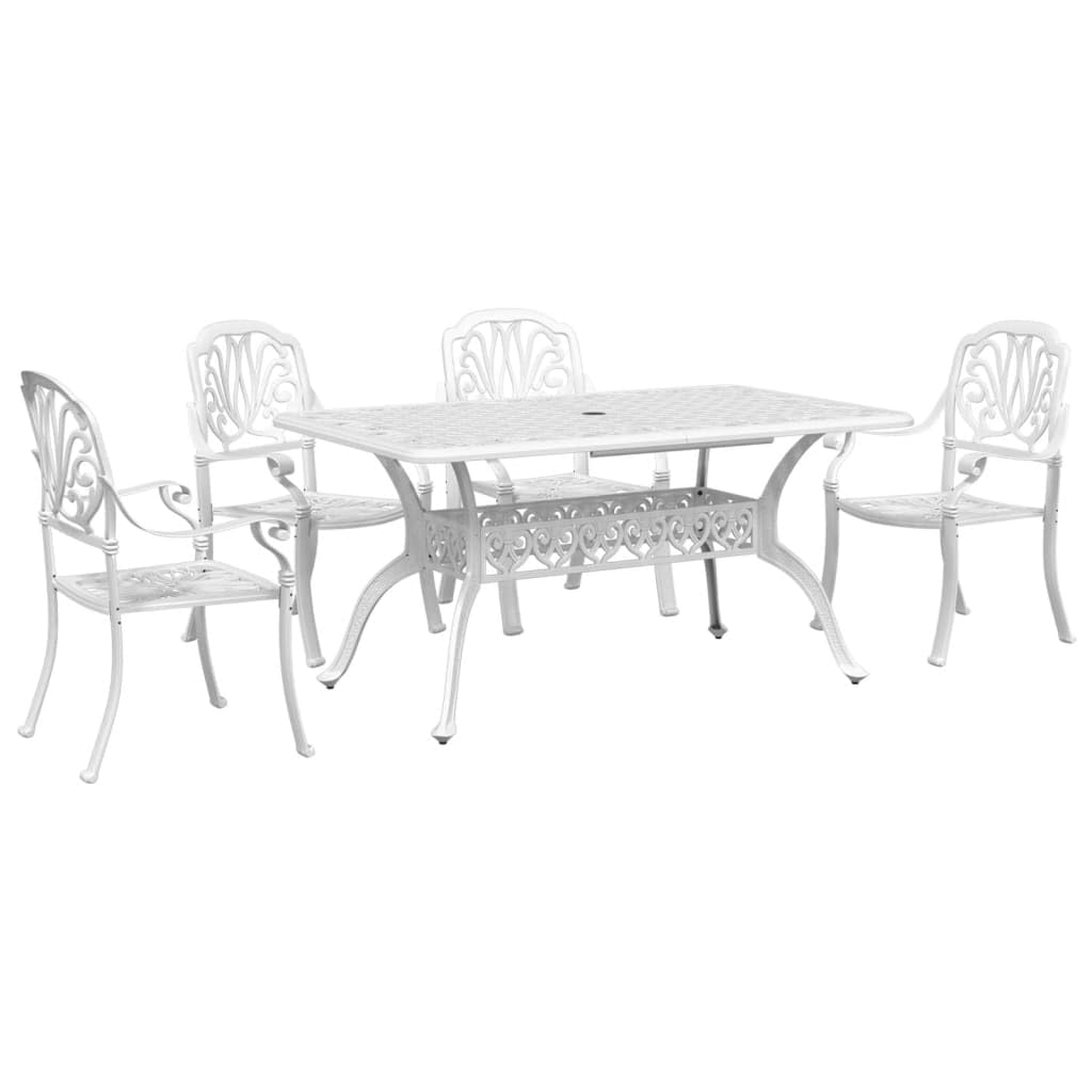 vidaXL 5-Piece Patio Dining Set - White Cast Aluminum with Umbrella Hole, Comfortable High-Back Chairs, Rectangular Garden Table
