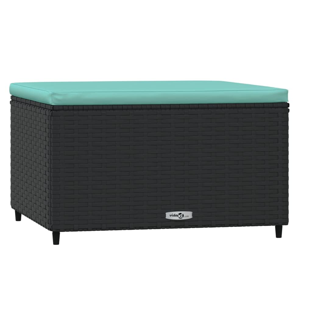 vidaXL Patio Footrest with Water Blue Cushion - Modular Outdoor Furniture Piece - Black PE Rattan Footstool with Powder Coated S