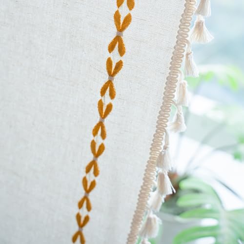 Sutuo Home Boho Curtains For Living Room Bedroom, Semi Blackout Farmhouse Vintage Shabby Chic Tassels Window Treatment Bohemian Embroidery Drape, Rod Pocket 1 Panel 52' W X 96' L, White And Gold