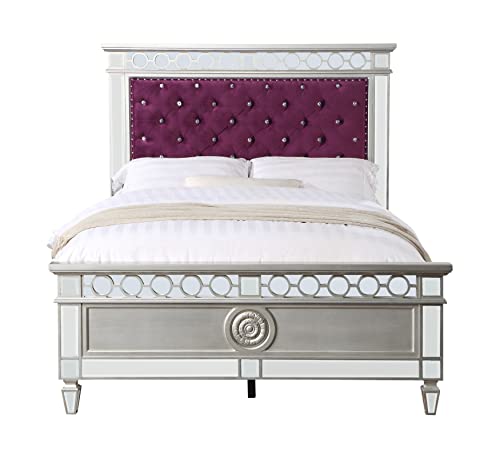 Acme Varian Tufted Velvet Upholstery Twin Bed in Burgundy and Silver
