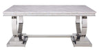 Acme Zander Dining Table in White Printed Faux Marble and Mirrored Silver Finish