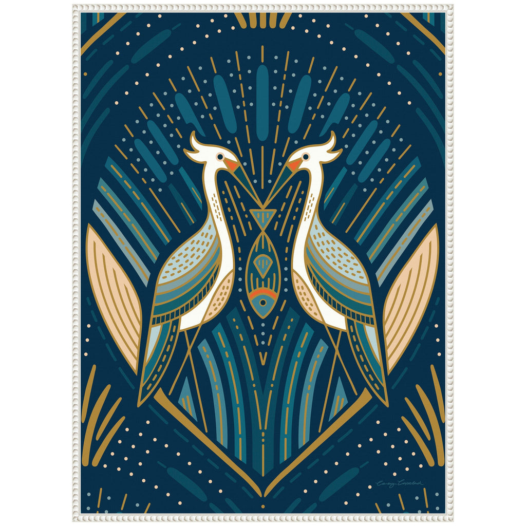 Sylvie Art Deco Herons Blue Framed Canvas by Carey Copeland