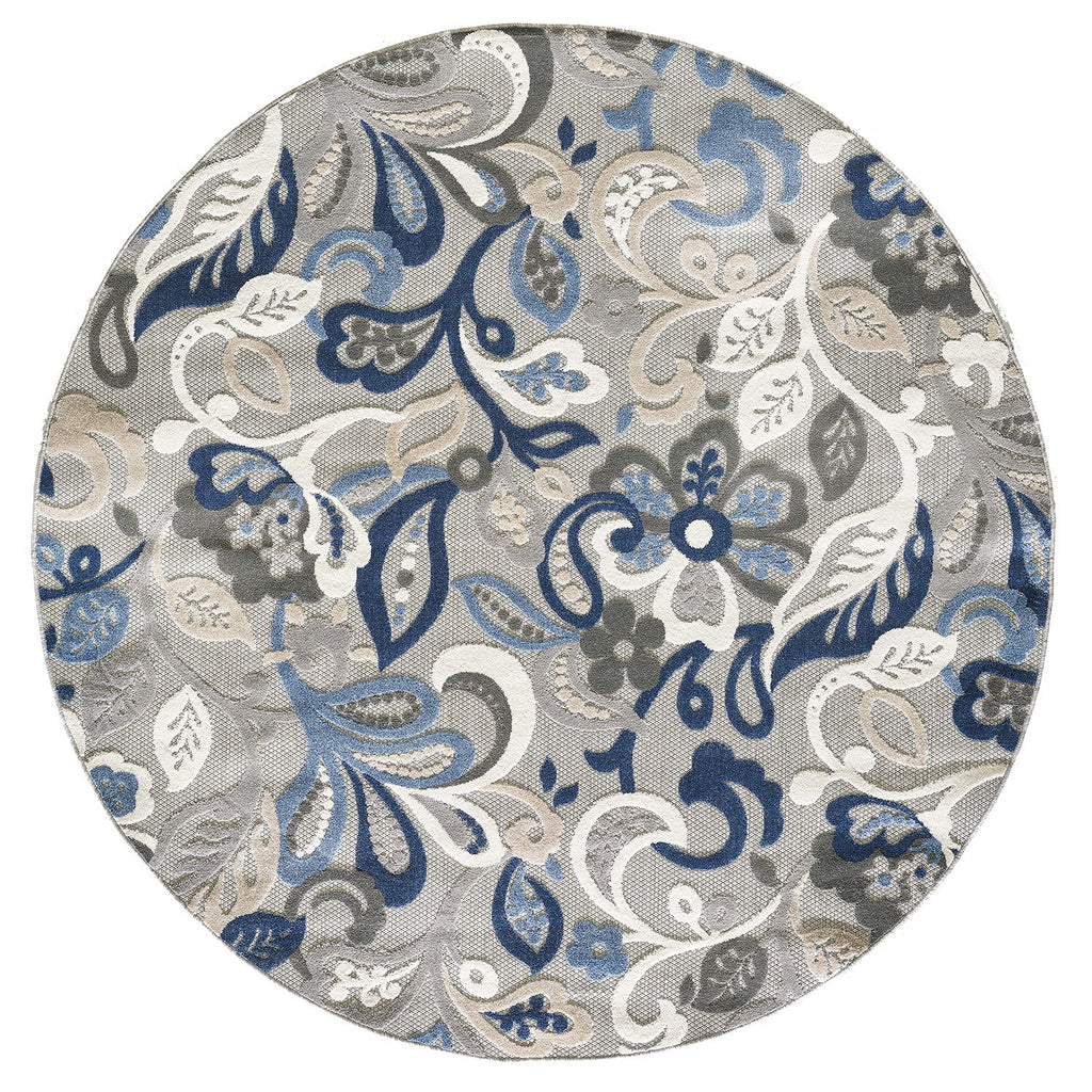 HomeRoots Grey/Blue 8’ Round Blue Gray Jacobean Floral Indoor Outdoor Area Rug