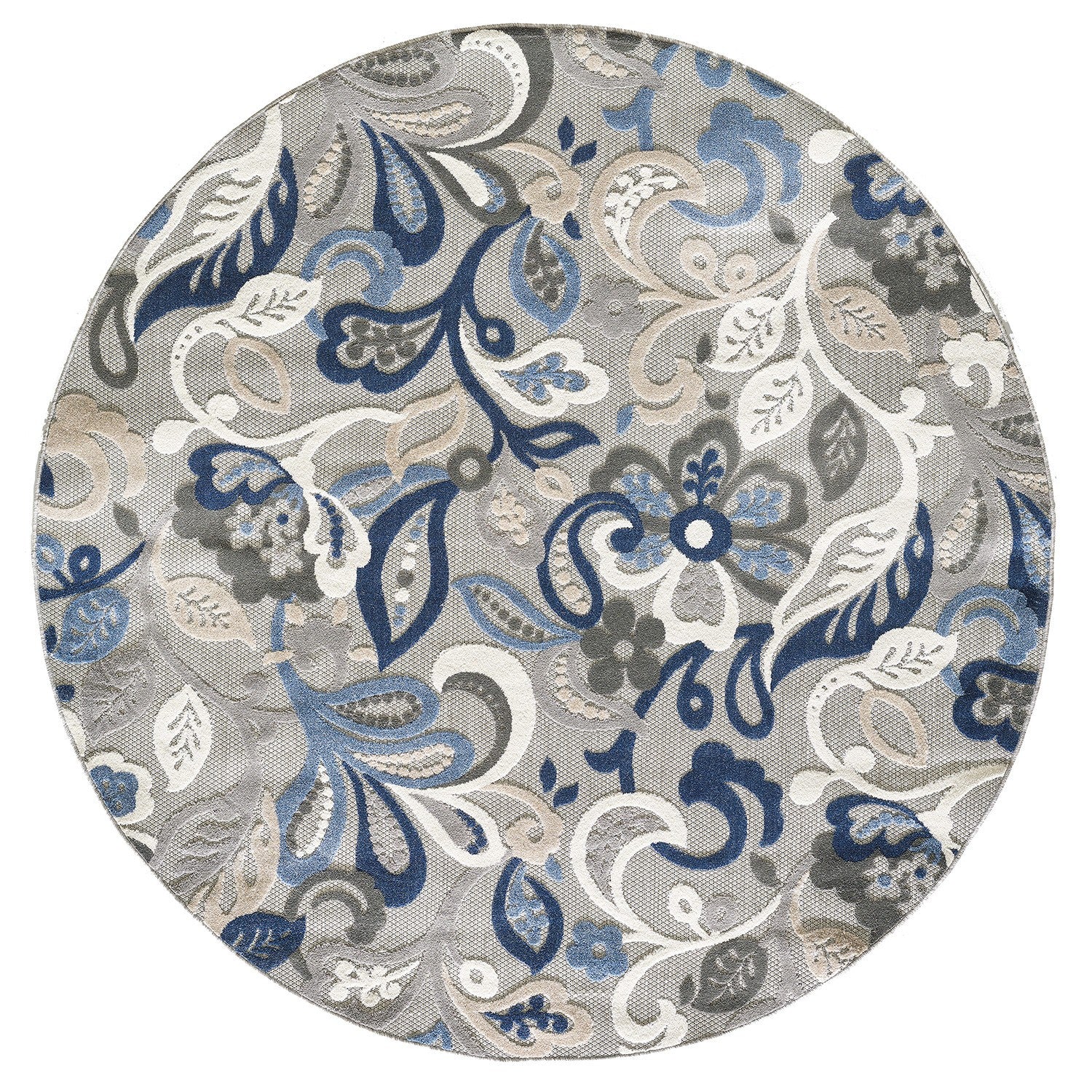 HomeRoots Grey/Blue 8’ Round Blue Gray Jacobean Floral Indoor Outdoor Area Rug