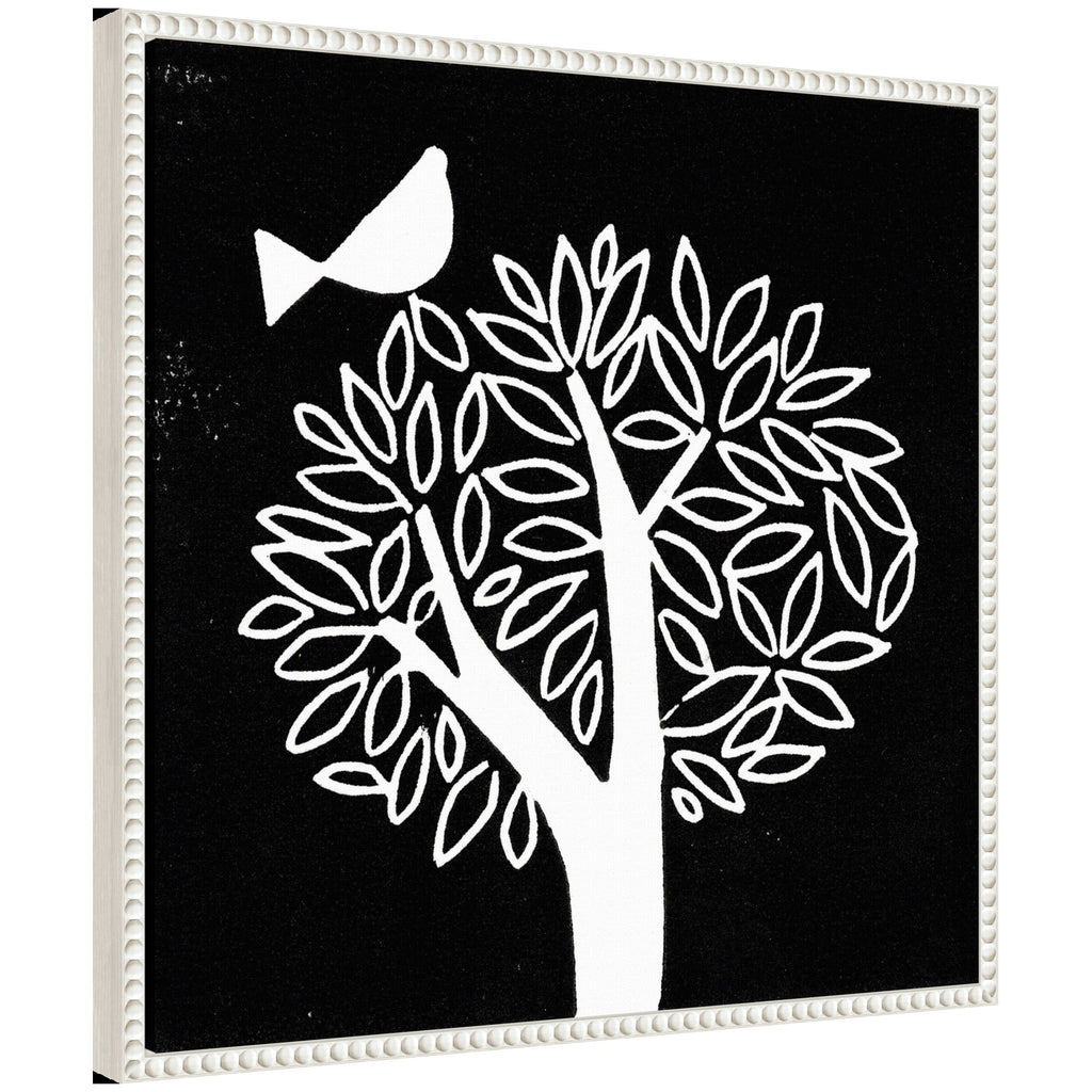 Sylvie Black and White Bird Tree Linocut Framed Canvas by Giuliana Lazzerini