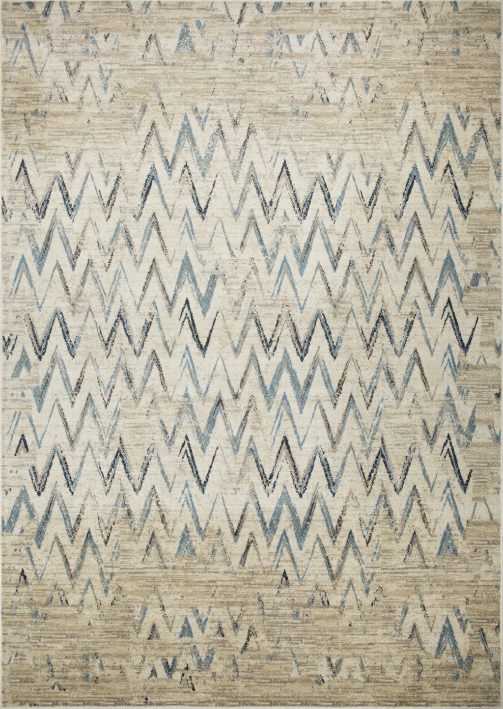 HomeRoots Ivory Heat-Set Polypropelene 3’ x 5’ Beige Blue Distressed Chevron Area Rug