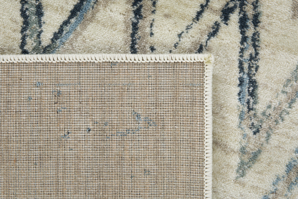 HomeRoots Ivory Heat-Set Polypropelene 3’ x 5’ Beige Blue Distressed Chevron Area Rug