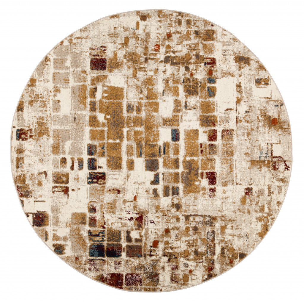 8 Round Brown Beige Abstract Tiles Distressed Area Rug