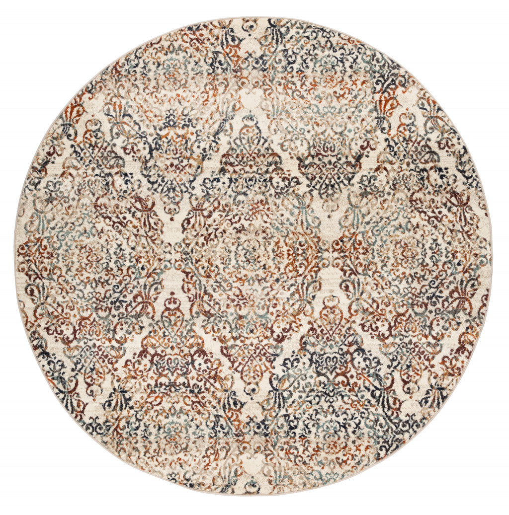 8 Round Ivory Brown Decorative Diamond Area Rug