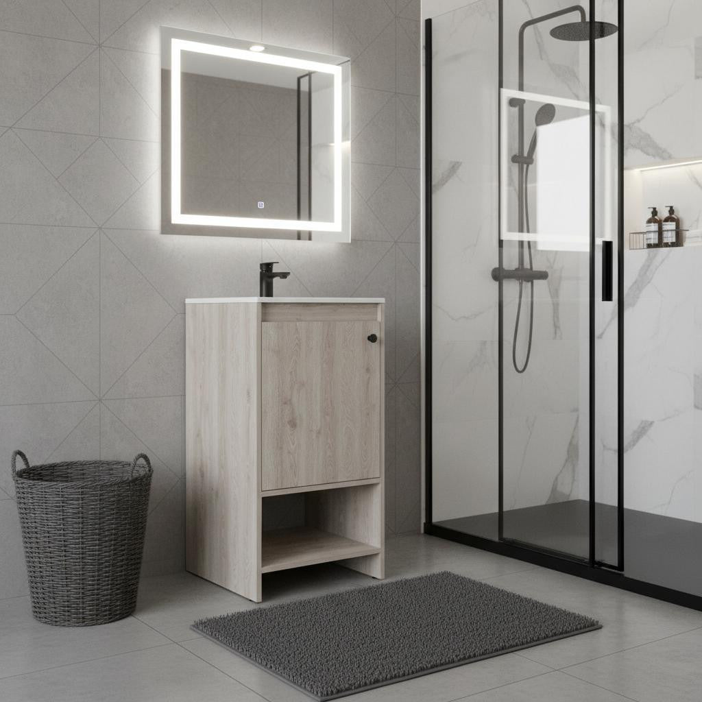 18 Light Gray Wood Freestanding Single Door Bathroom Vanity With White Sink