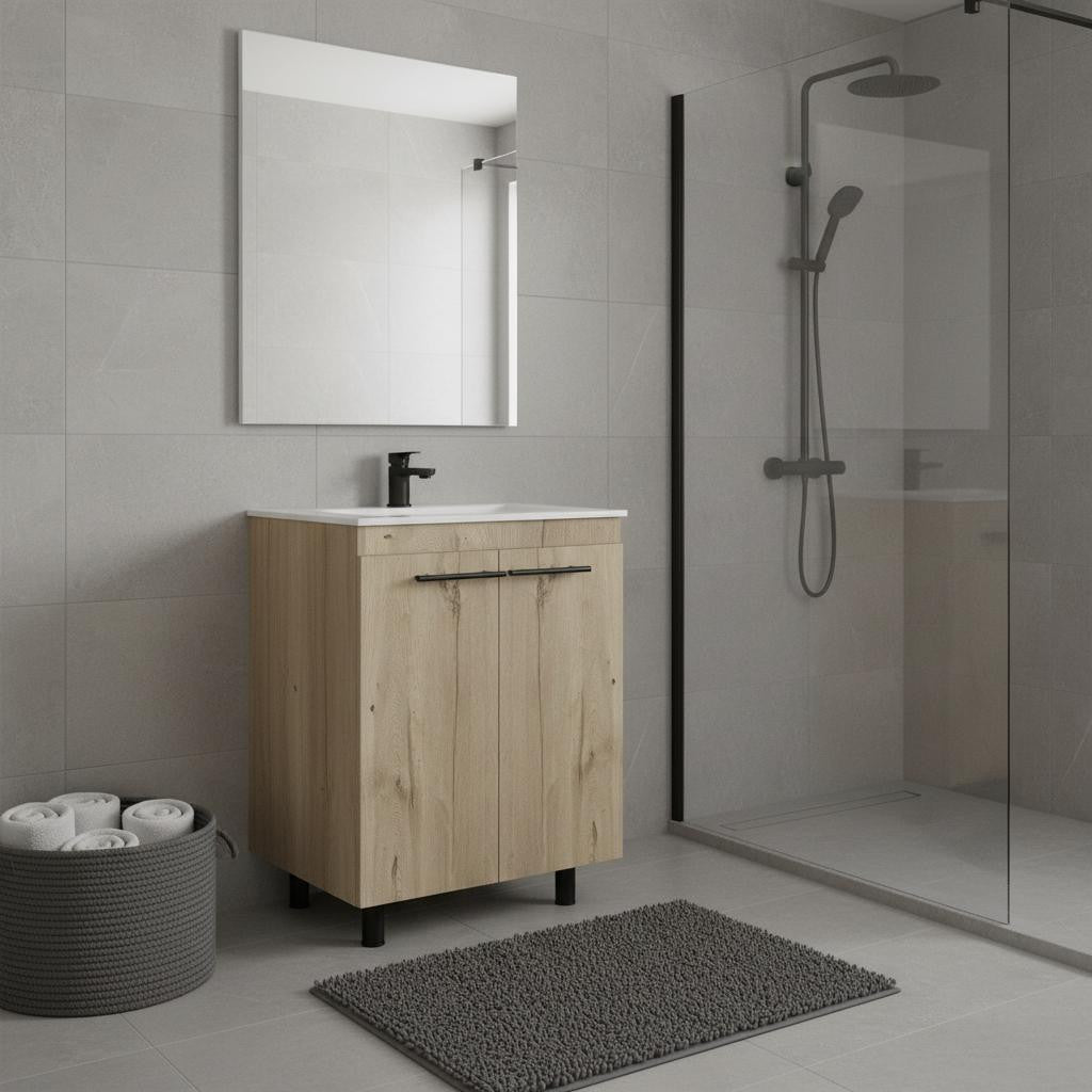 24 Oak Wood Freestanding Double Door Bathroom Vanity With White Sink