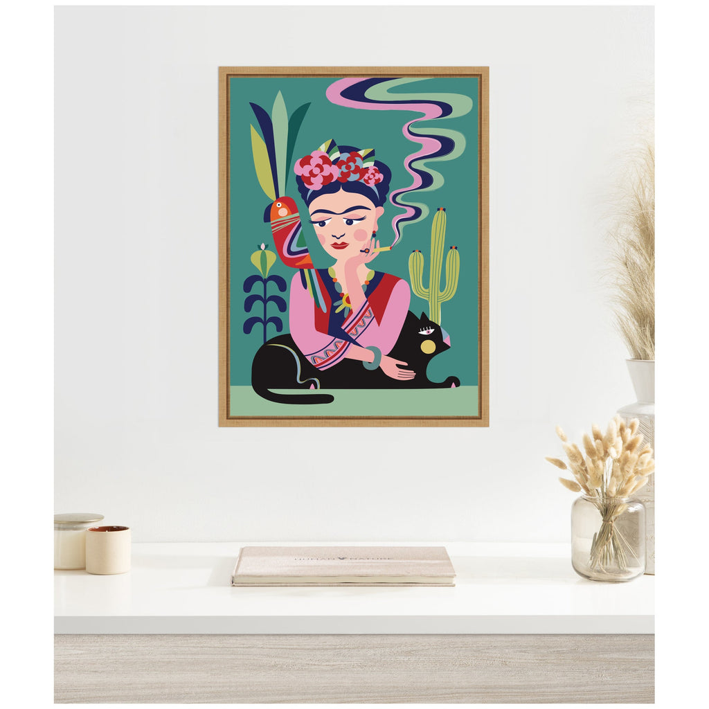 Sylvie Frida Kahlo and the Black Cat Framed Canvas by Rachel Lee