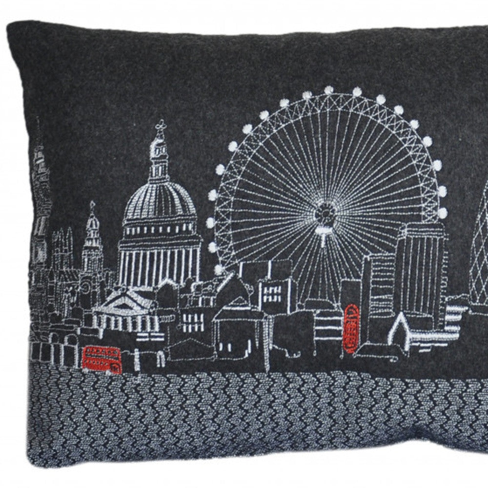 HomeRoots Grey 24' Black and White London Nighttime Skyline Lumbar Decorative Pillow