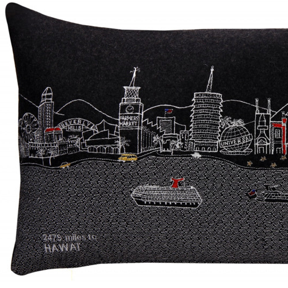 HomeRoots Grey 24' Black Los Angeles Nighttime Skyline Lumbar Decorative Pillow