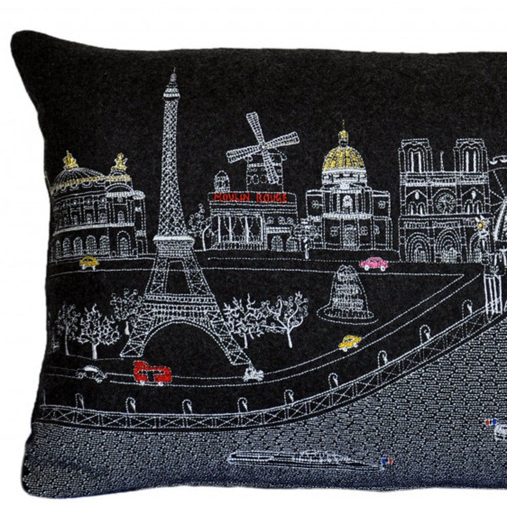 HomeRoots Grey 24' Black and White Paris Nighttime Skyline Standard Lumbar Decorative Pillow