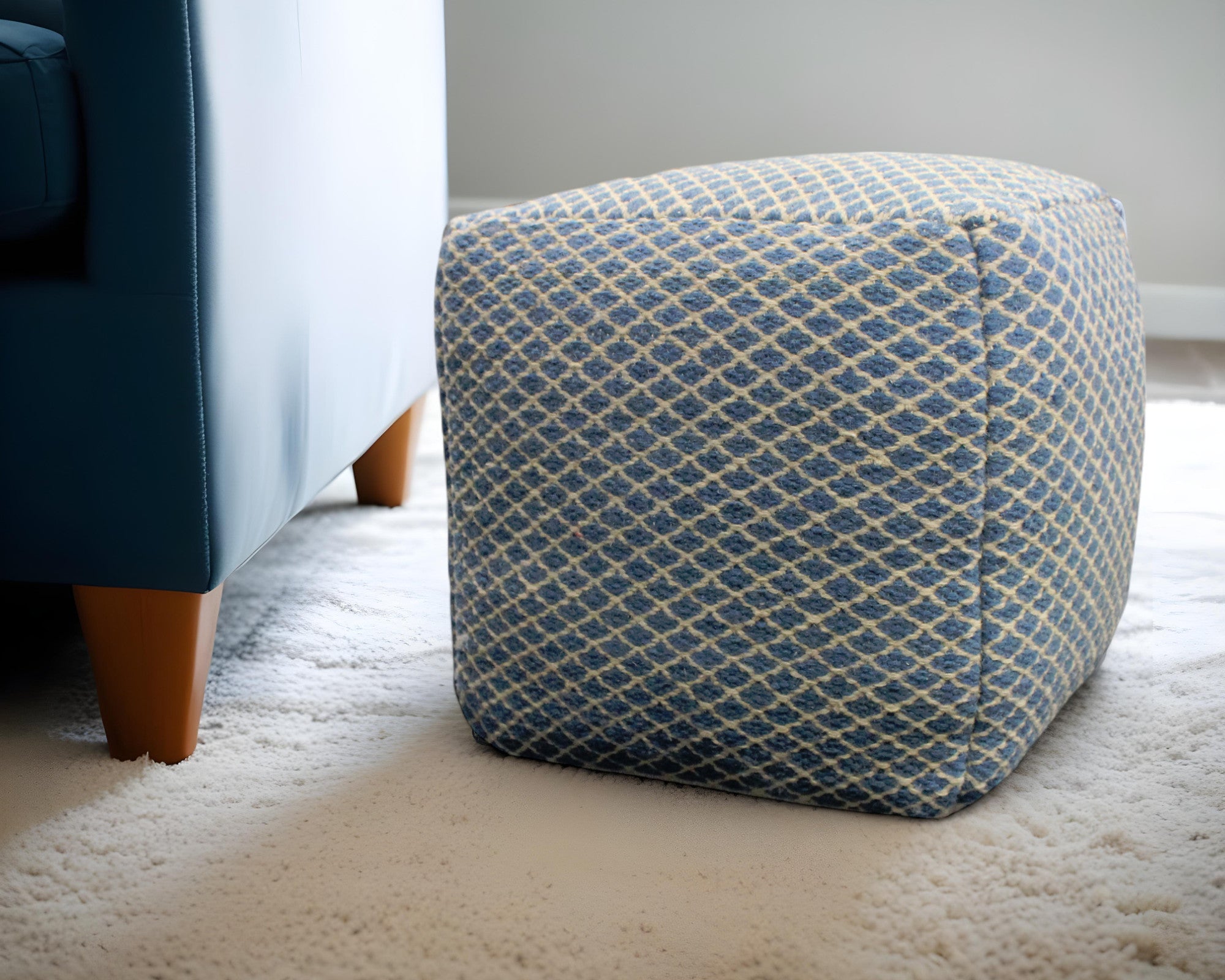 18 Blue and Beige Wool Cube Trellis Pouf Ottoman