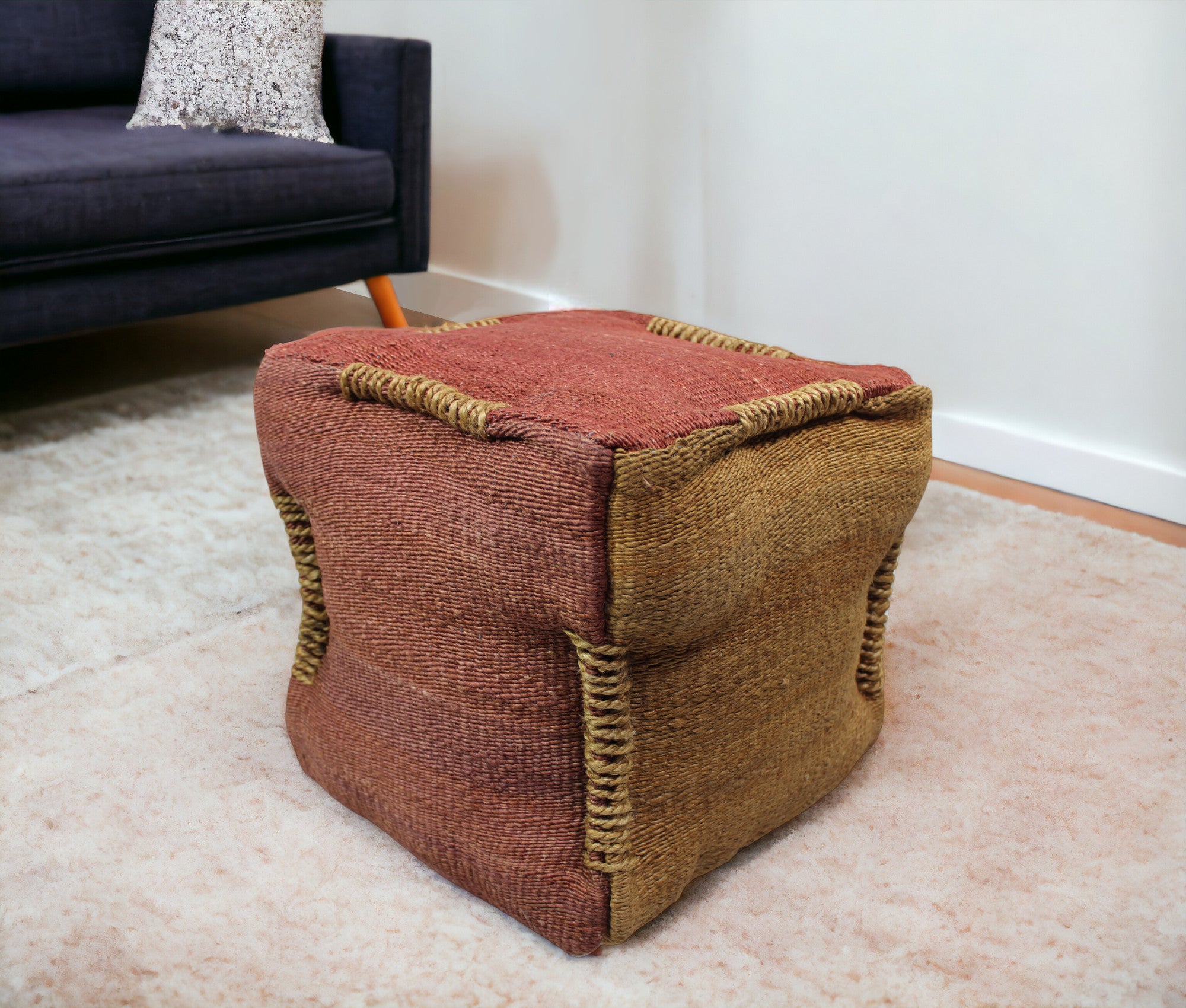 18 Pink and Orange Jute Cube Pouf Ottoman