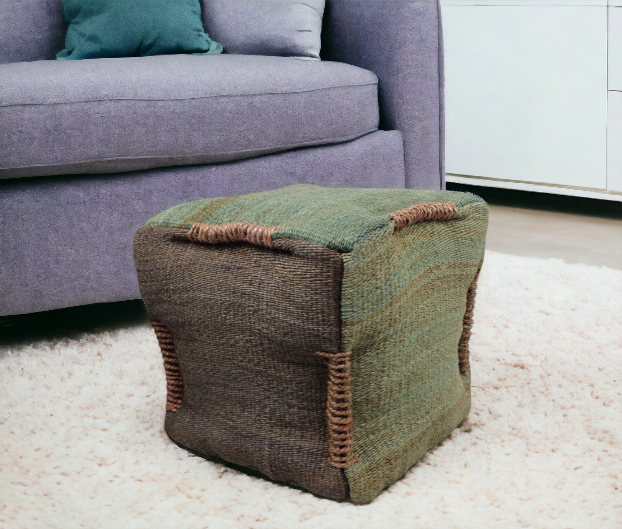 18 Green and Brown Jute Cube Pouf Ottoman