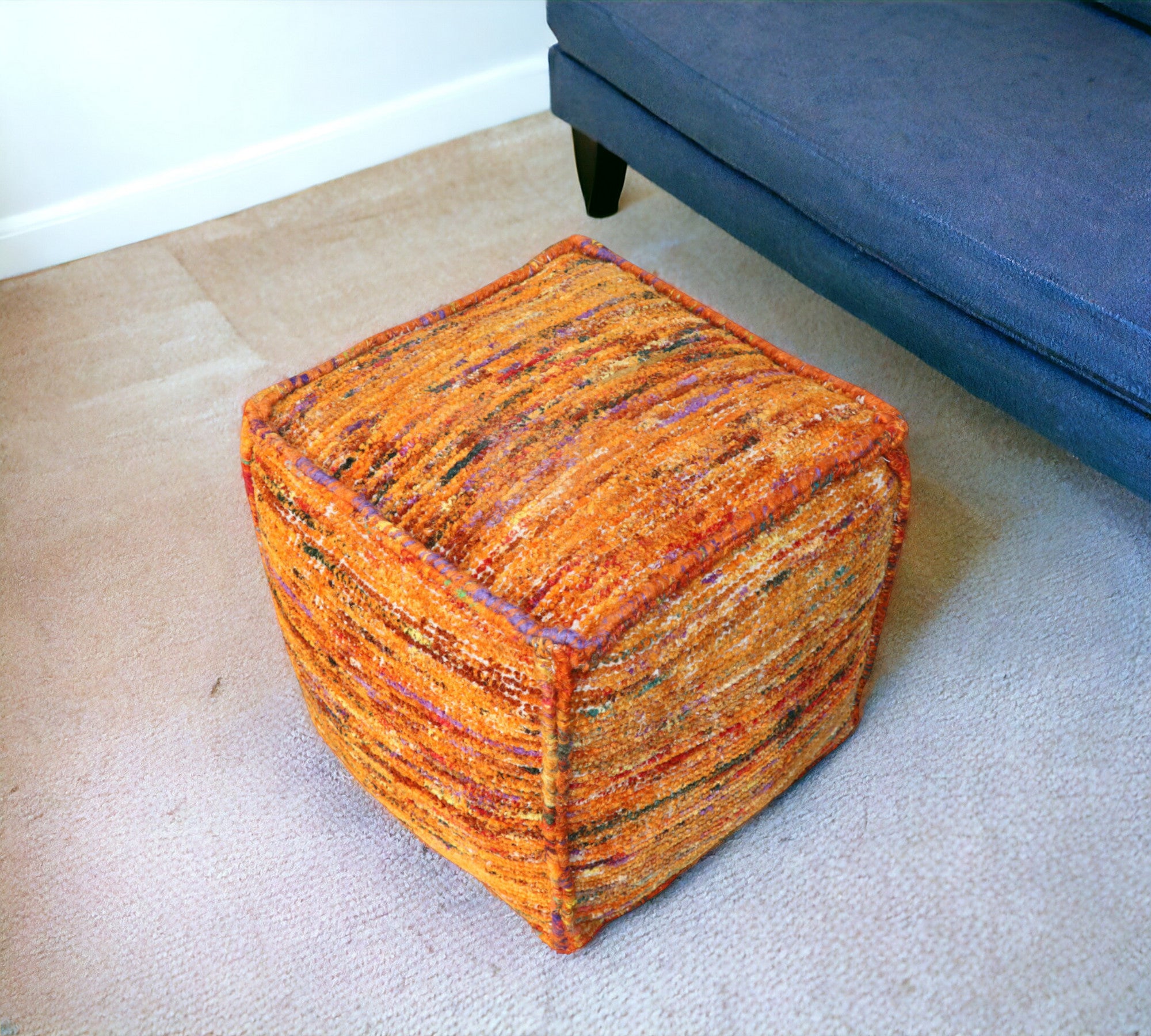 18 Orange Recycled Silk and Cotton Blend Cube Pouf Ottoman
