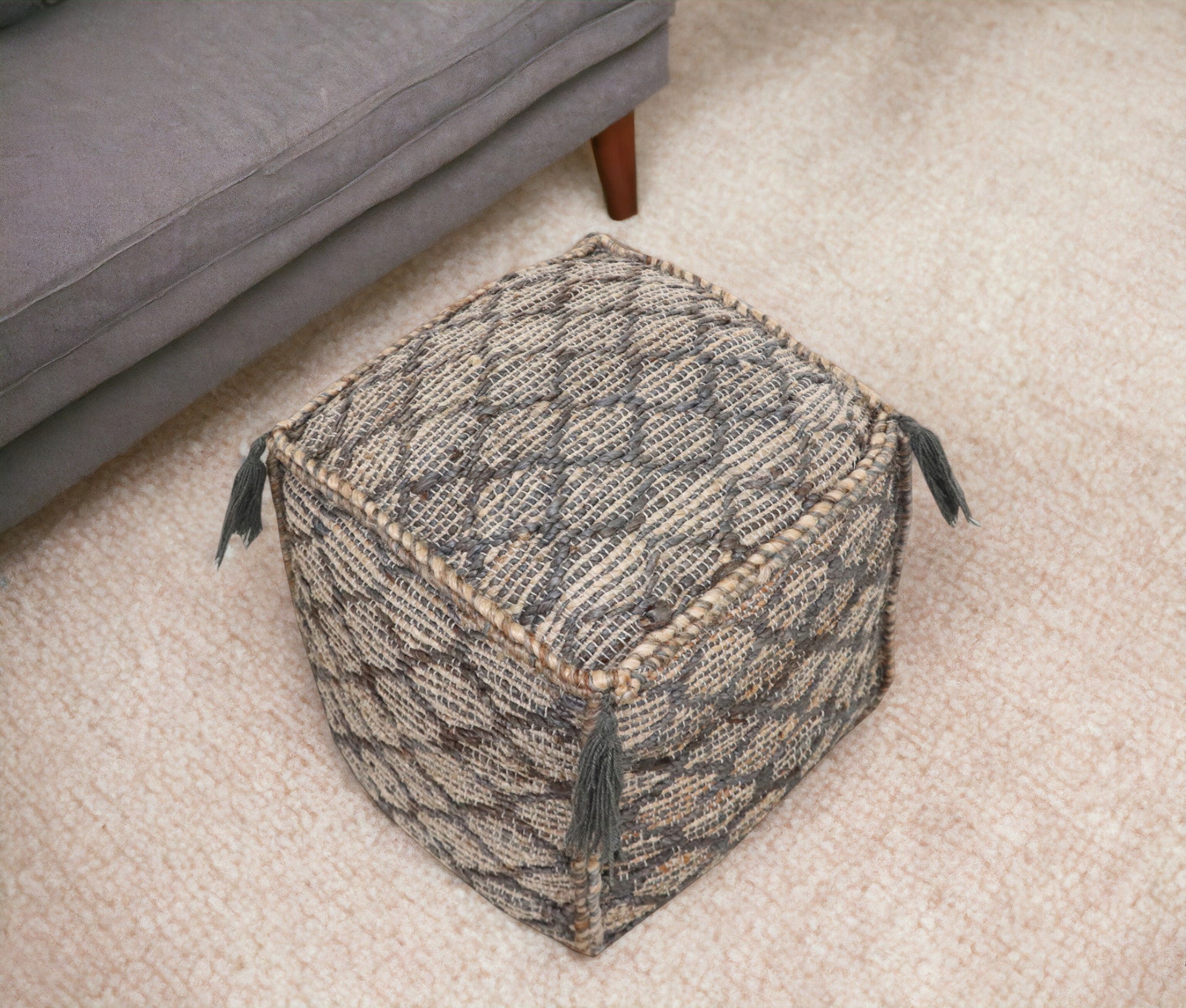 18 Natural Gray And Taupe Jute Cube Trellis Pouf Ottoman