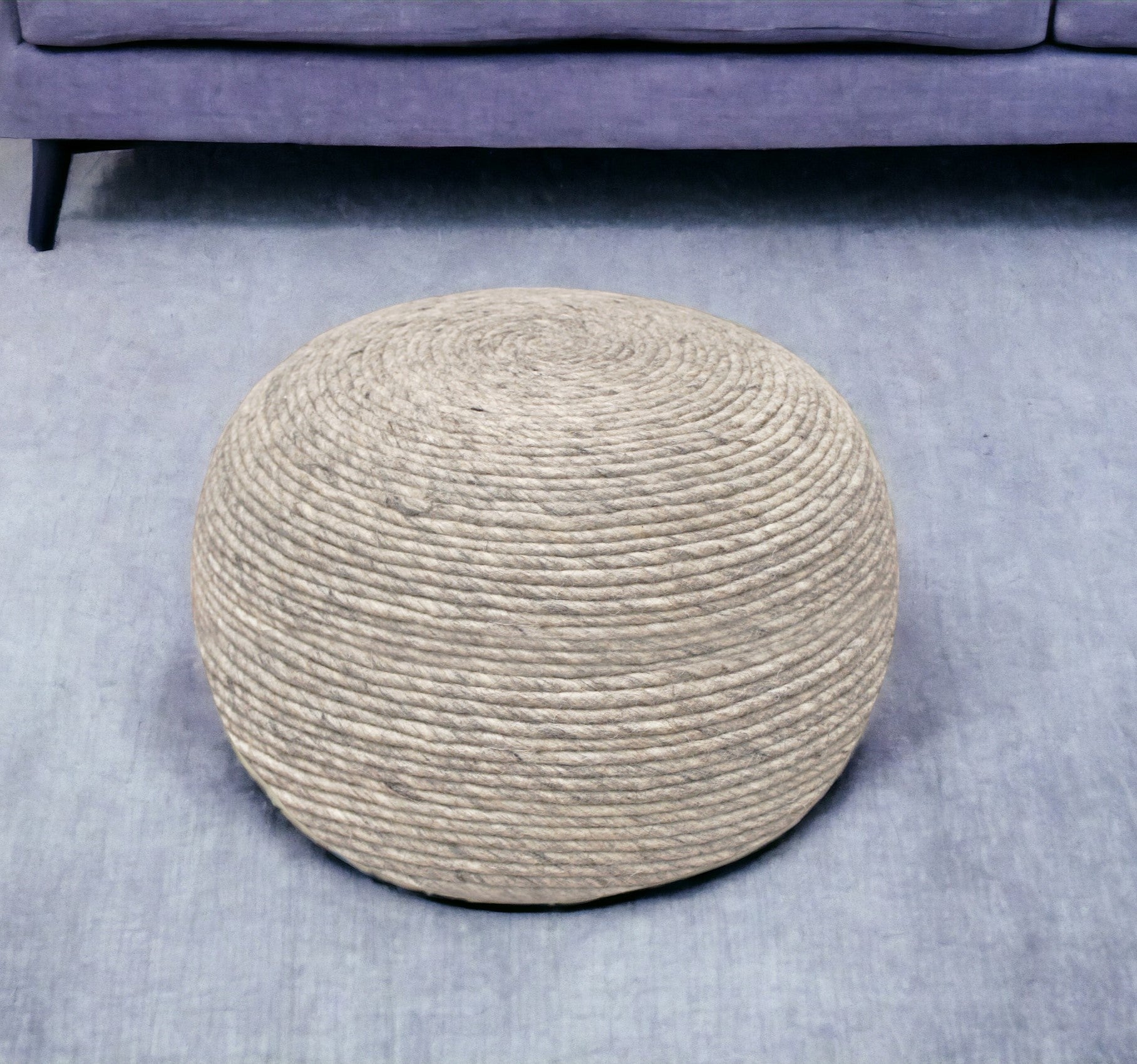 20 Gray Wool Round Ribbed Pouf Ottoman