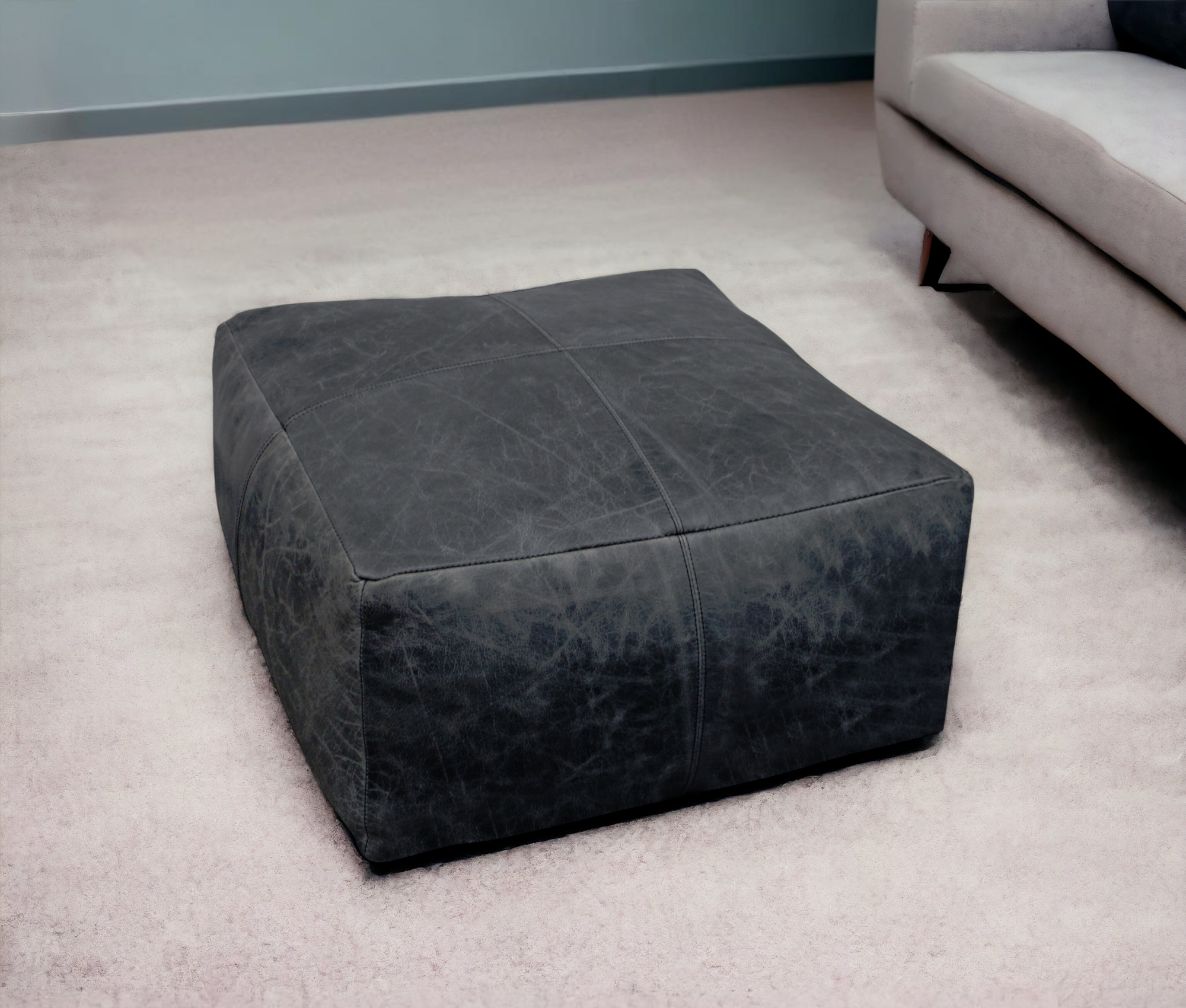 22 Black Distressed Leather Pouf Ottoman