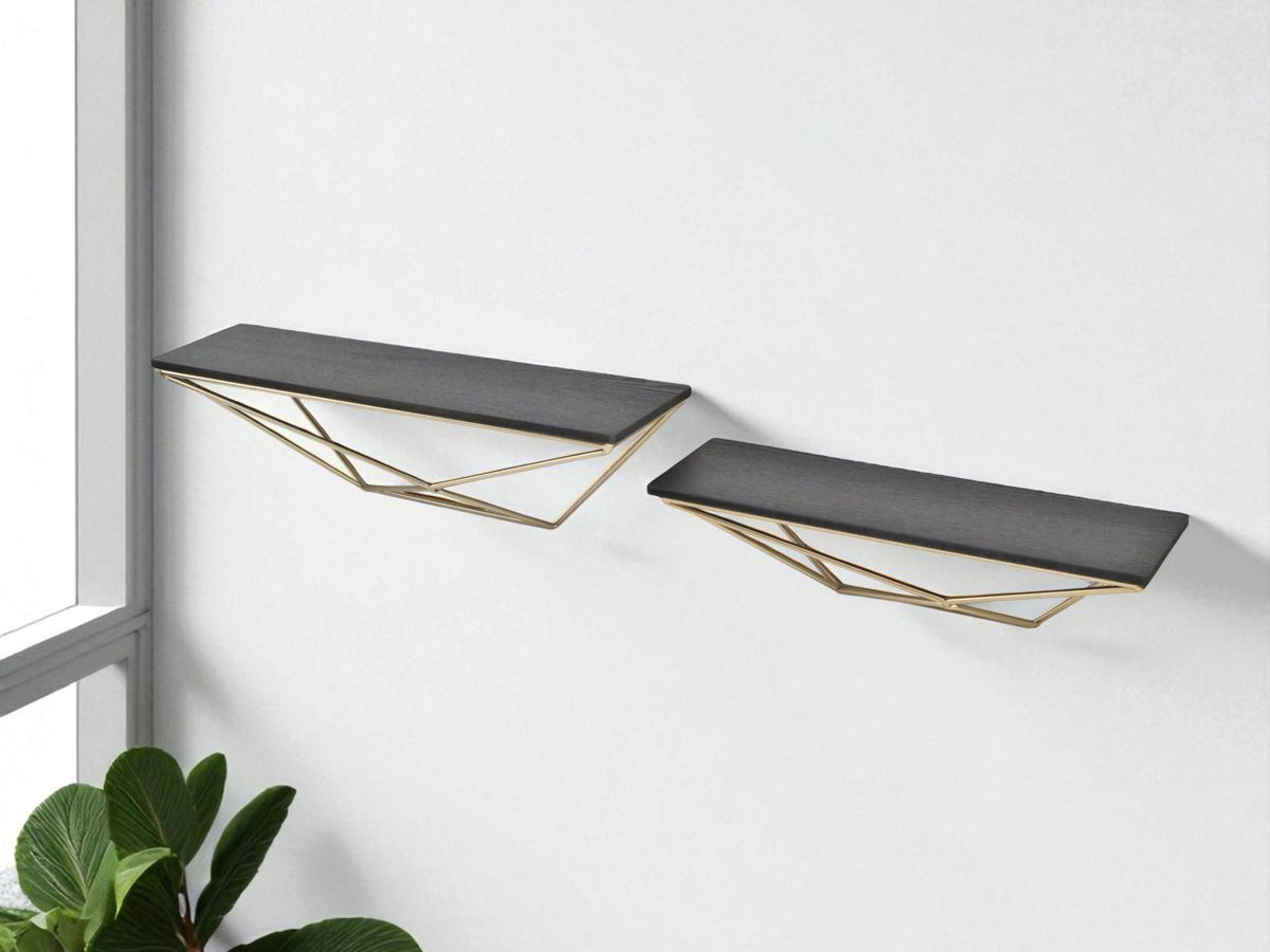 Set Of Two Black And Gold Wood And Metal Modern Wall Mounted Accent Shelves