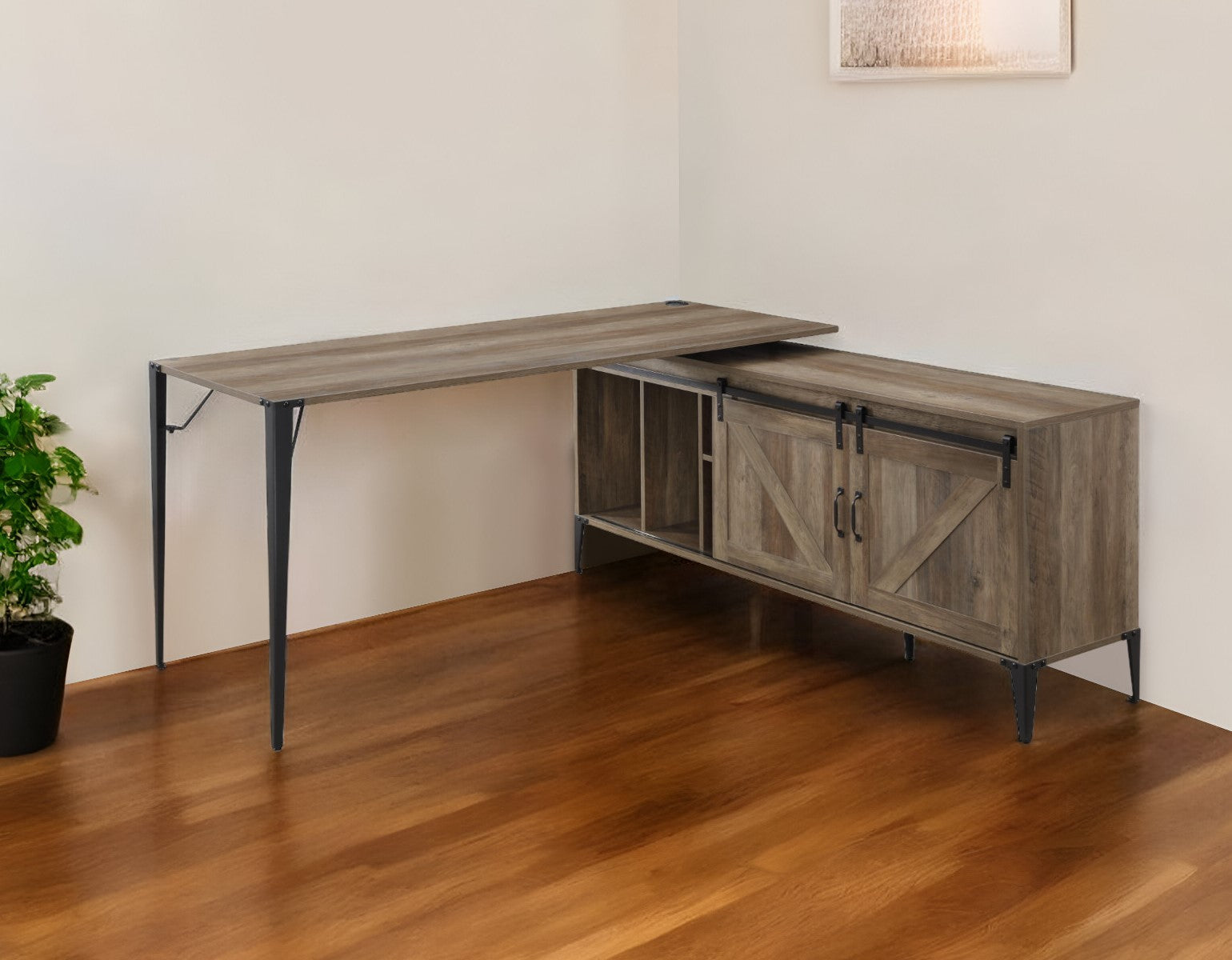 65 Brown and Black L Shape Writing Desk