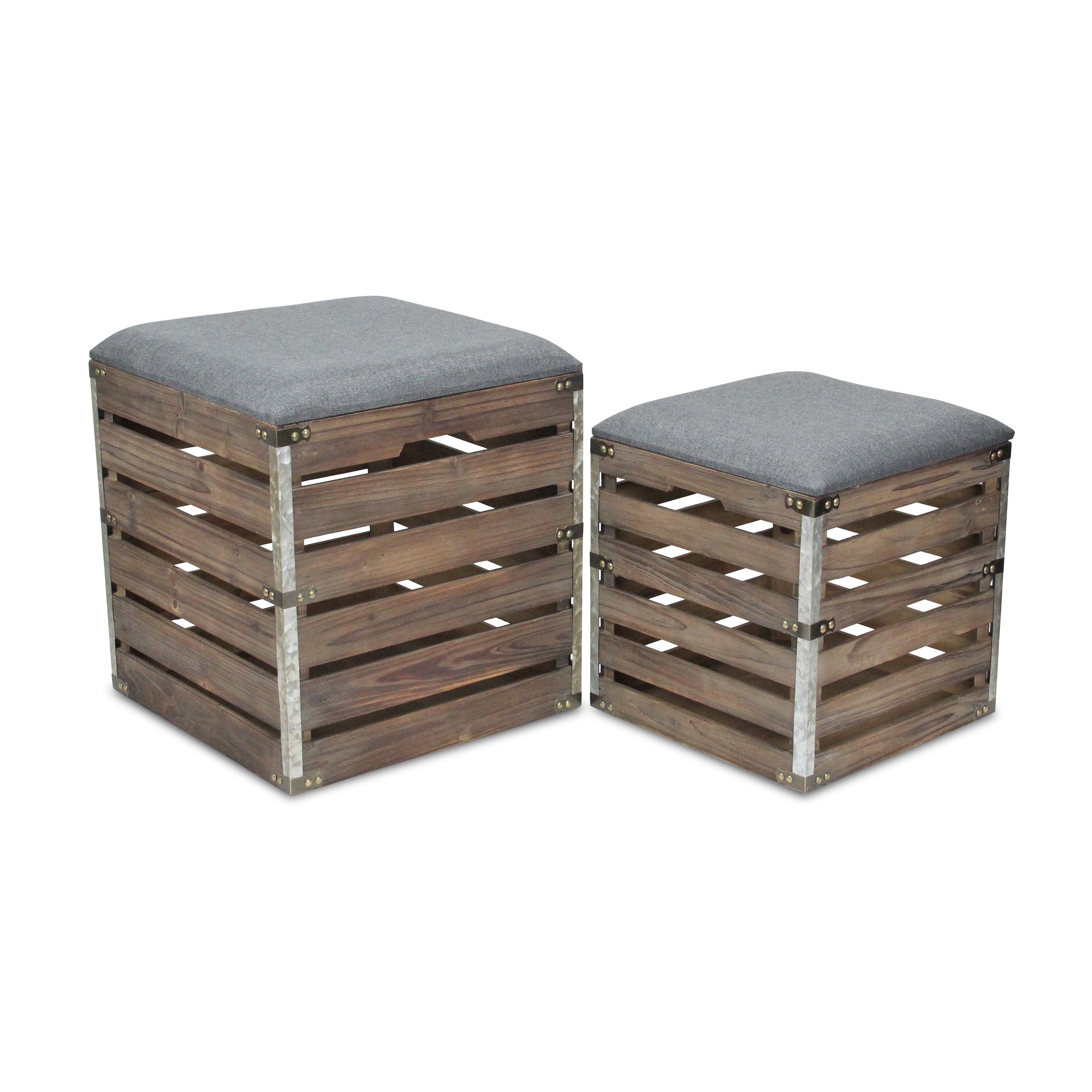 SiloSong Set of 2 Square Wood Slat Storage Bench - Gray