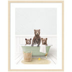 Three Bear Cubs in Cottage Green Bath by Amy Peterson Framed Wall Art Print