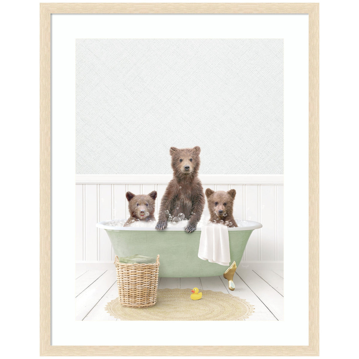 Three Bear Cubs in Cottage Green Bath by Amy Peterson Framed Wall Art Print