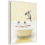 Sylvie Penguins in Cottage Yellow Bathtub Framed Canvas by Amy Peterson