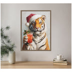 Sylvie Framed Canvas Tiger Festive Cocktail Santa Hat by The Creative Bunch Studio