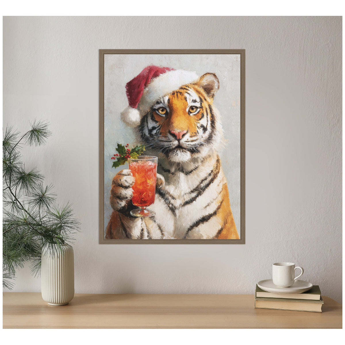 Sylvie Framed Canvas Tiger Festive Cocktail Santa Hat by The Creative Bunch Studio