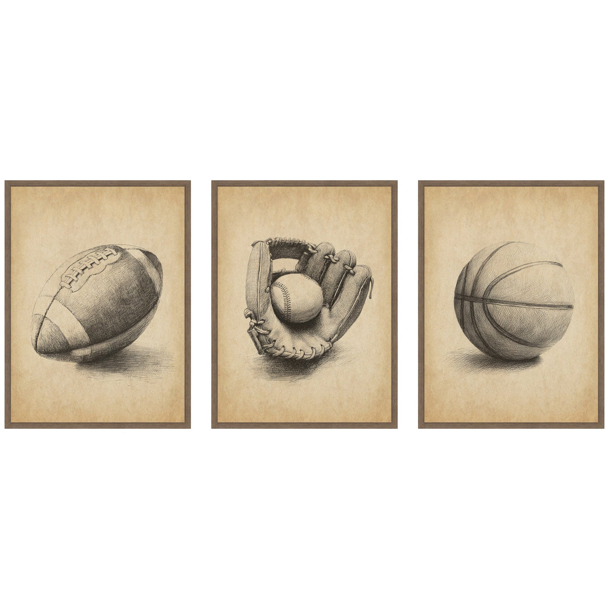 Walnut Antique Football 3 Piece Framed Canvas Wall Art Set by The Creative Bunch Studio