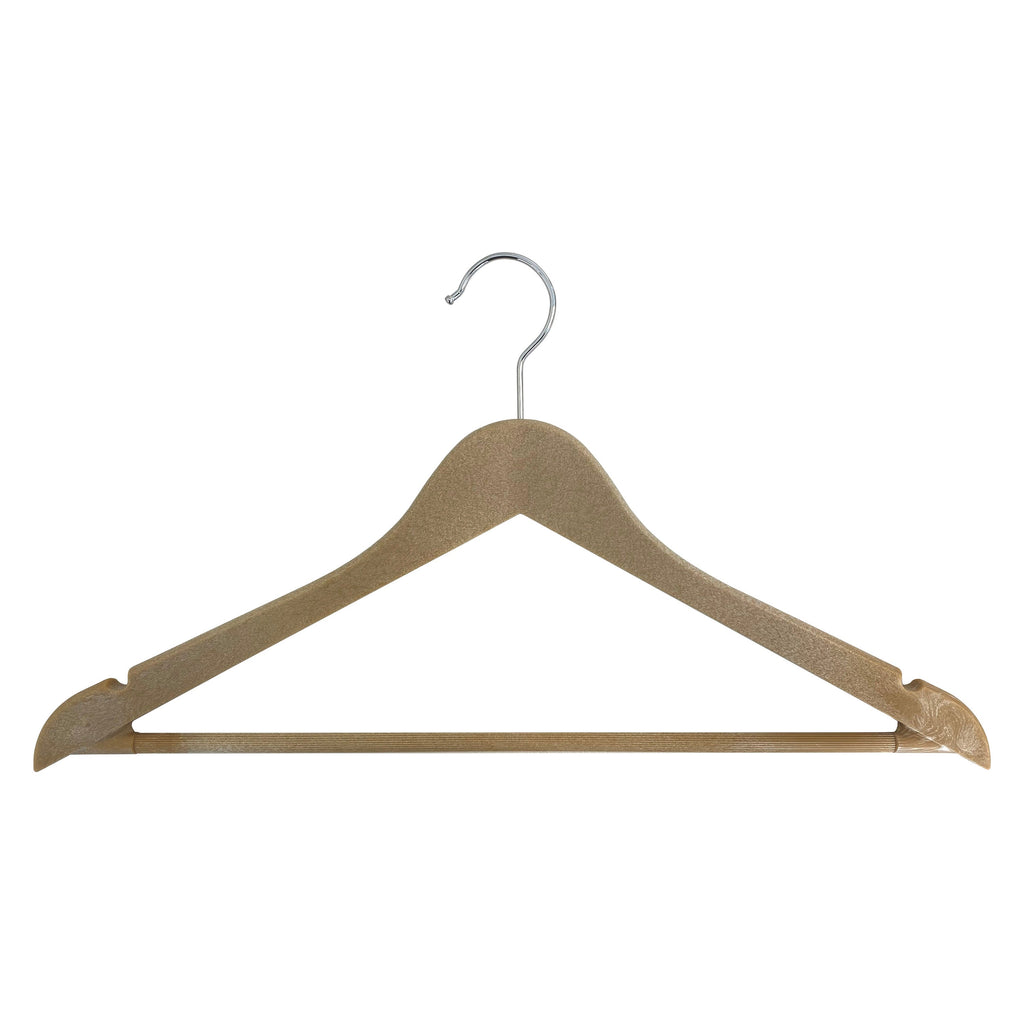 Bowed Suit Hangers with Pant Bar & Shoulder Notch, Natural Wood-Look Finish