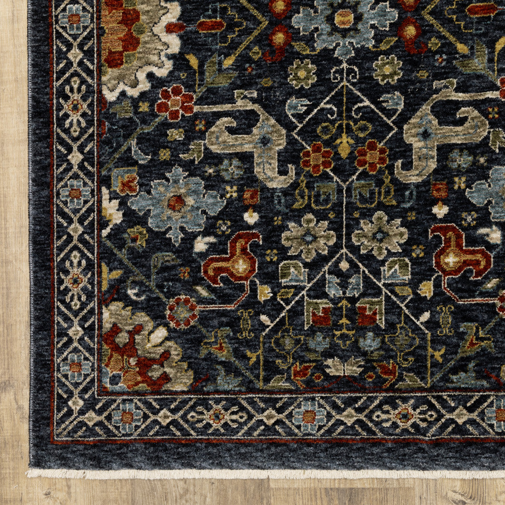 HomeRoots 507972 6 x 9 ft. Blue Red Ivory & Gold Oriental Power Loom Stain Resistant Rectangle Area Rug with Fringe