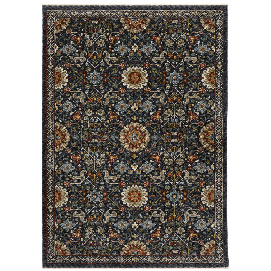 HomeRoots 507974 10 x 13 ft. Blue Red Ivory & Gold Oriental Power Loom Stain Resistant Rectangle Area Rug with Fringe