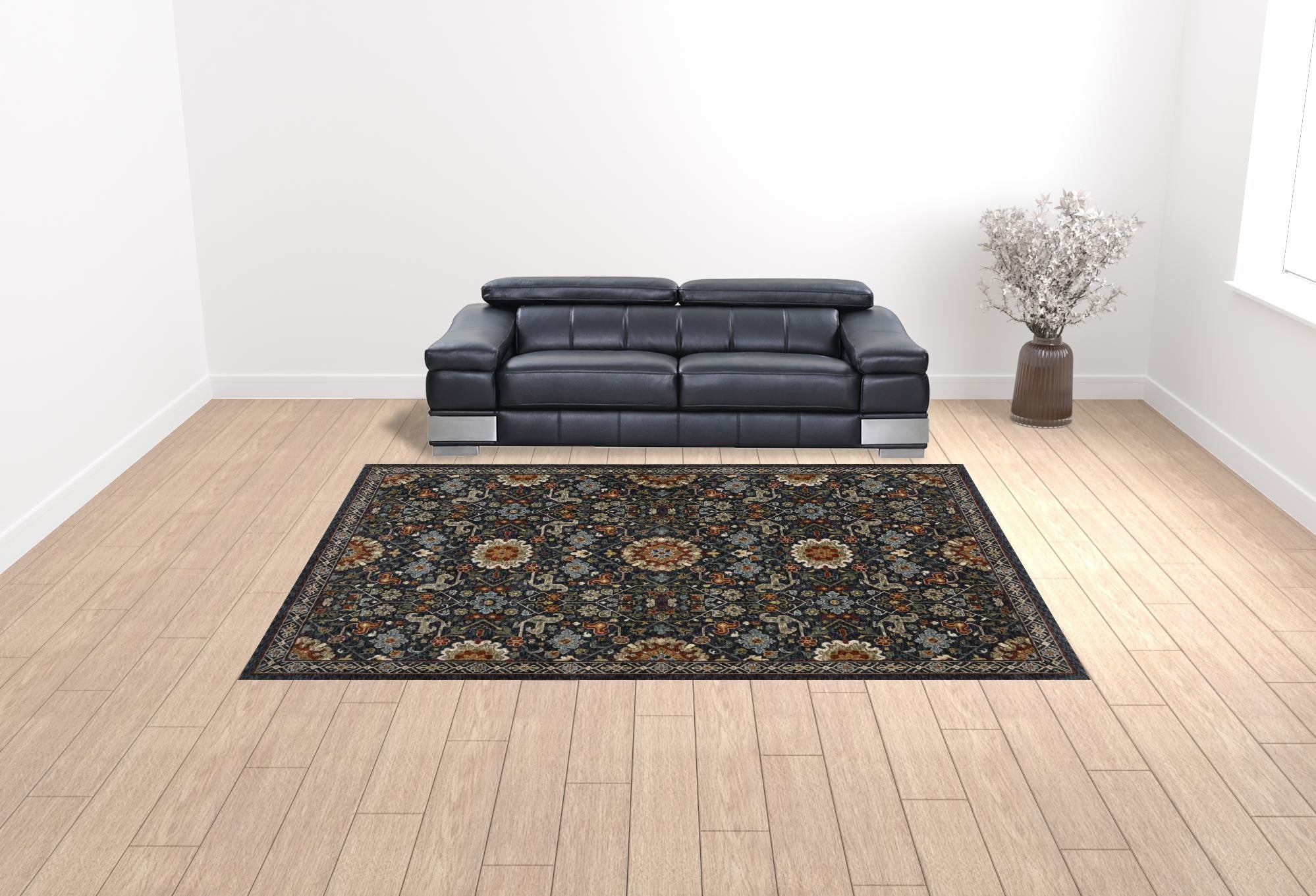 HomeRoots 507974 10 x 13 ft. Blue Red Ivory & Gold Oriental Power Loom Stain Resistant Rectangle Area Rug with Fringe