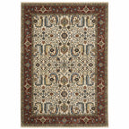 HomeRoots 507987 8 x 11 ft. Ivory Red Green Gray Blue & Navy Oriental Power Loom Stain Resistant Rectangle Area Rug with Fringe