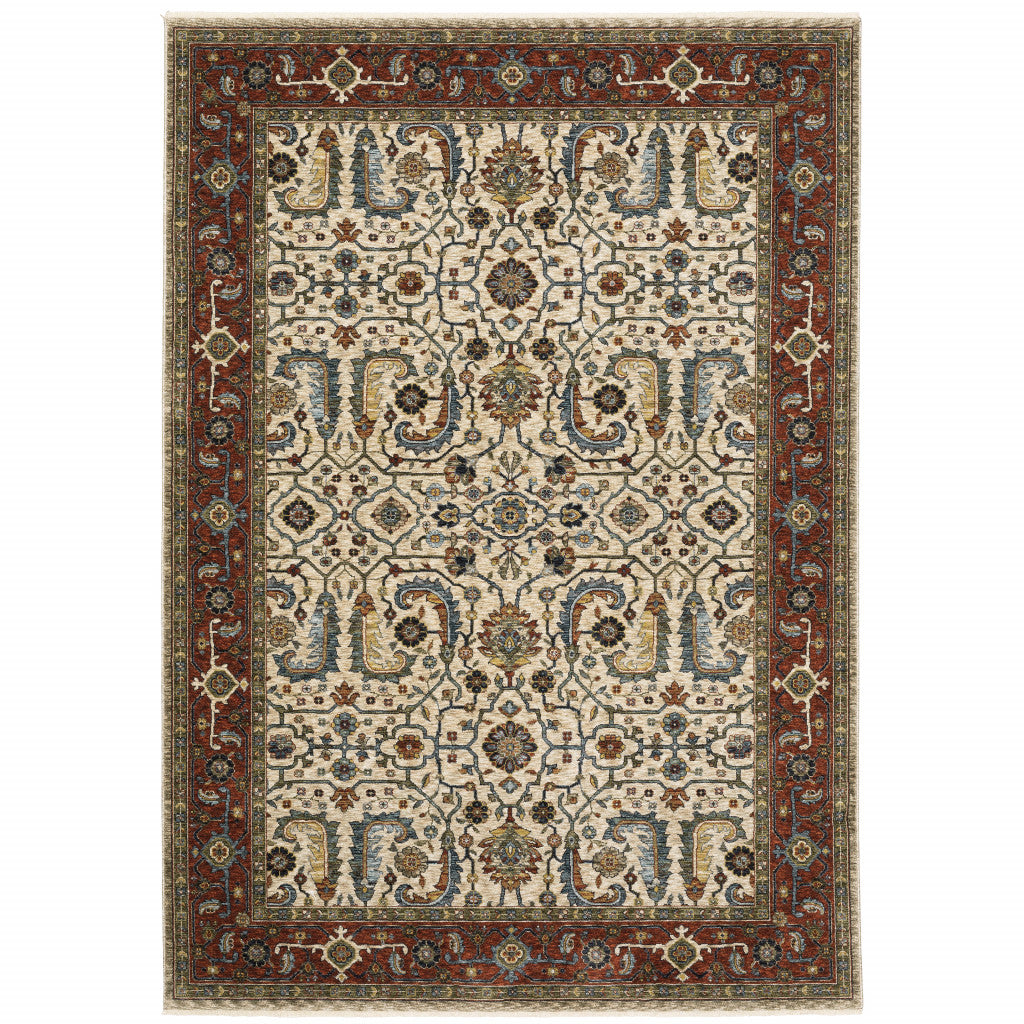 HomeRoots 507987 8 x 11 ft. Ivory Red Green Gray Blue & Navy Oriental Power Loom Stain Resistant Rectangle Area Rug with Fringe