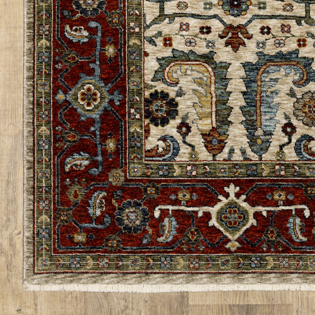 HomeRoots 507987 8 x 11 ft. Ivory Red Green Gray Blue & Navy Oriental Power Loom Stain Resistant Rectangle Area Rug with Fringe