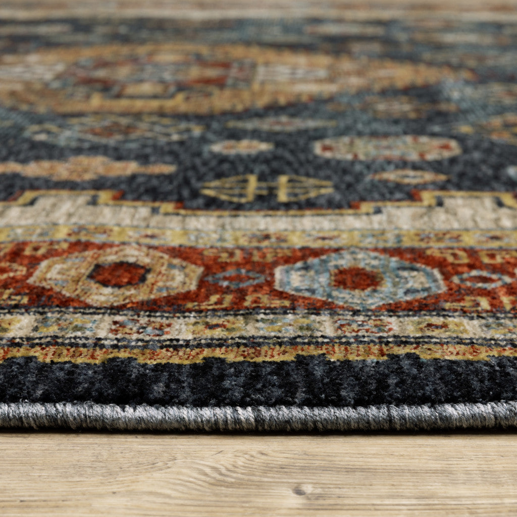 HomeRoots 508043 8 x 11 ft. Blue Red Beige Orange Gold & Tan Oriental Power Loom Stain Resistant Rectangle Area Rug with Fringe